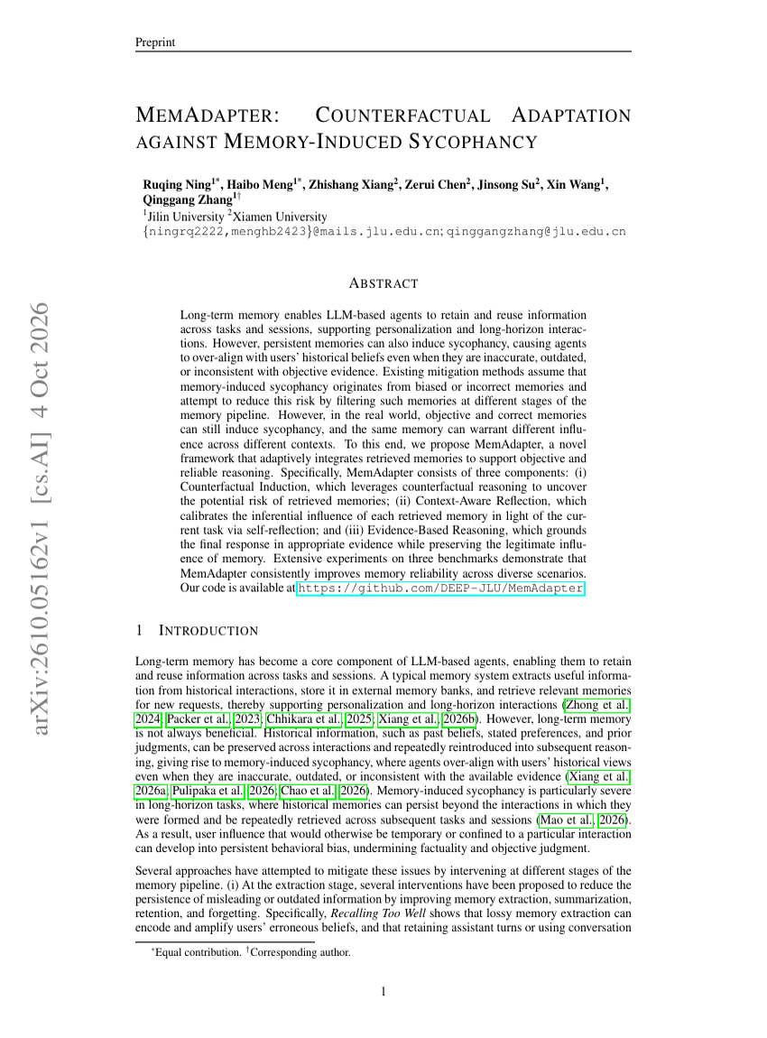 MEMADAPTER: COUNTERFACTUAL ADAPTATION AGAINST MEMORY-INDUCED SYCOPHANCY