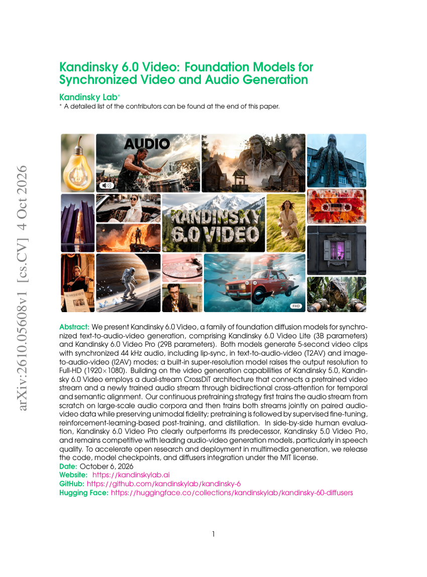 Kandinsky 6.0 Video: Foundation Models for Synchronized Video and Audio Generation