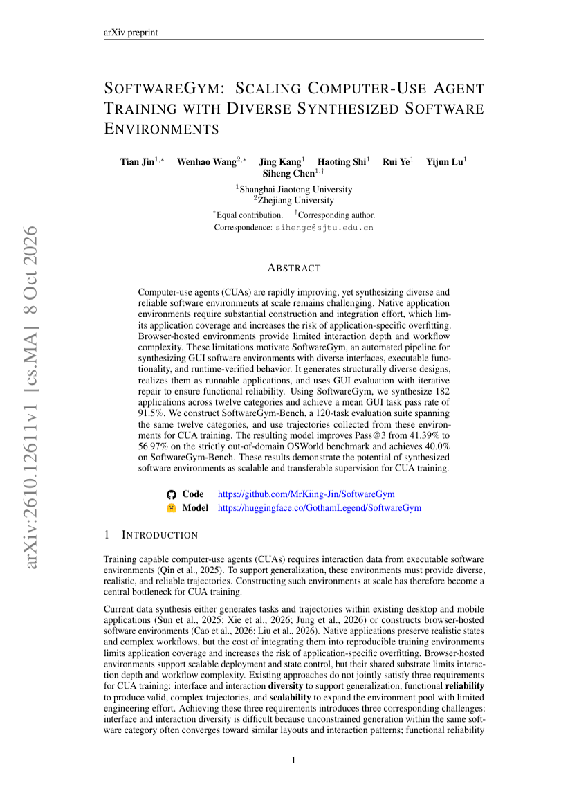 SOFTWAREGYM: SCALING COMPUTER-USE AGENT TRAINING WITH DIVERSE SYNTHESIZED SOFTWARE ENVIRONMENTS