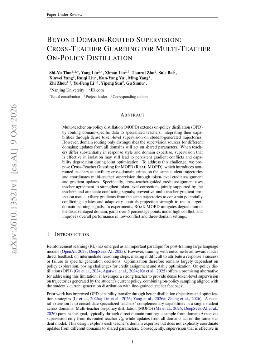 BEYOND DOMAIN-ROUTED SUPERVISION:CROSS-TEACHER GUARDING FOR MULTI-TEACHERON-POLICY DISTILLATION