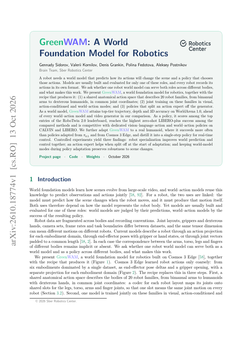 GreenWAM: A World Foundation Model for Robotics