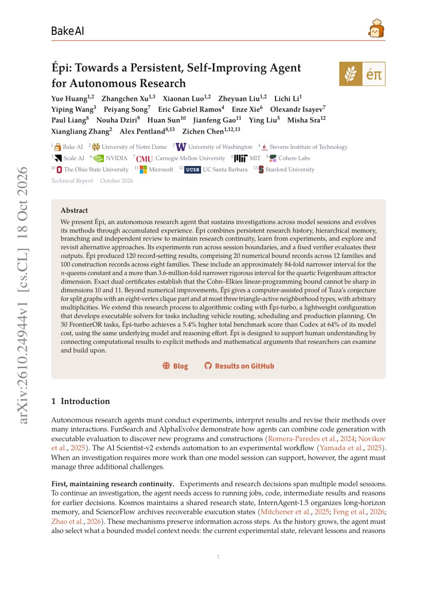 Épi: Towards a Persistent, Self-Improving Agent for Autonomous Research