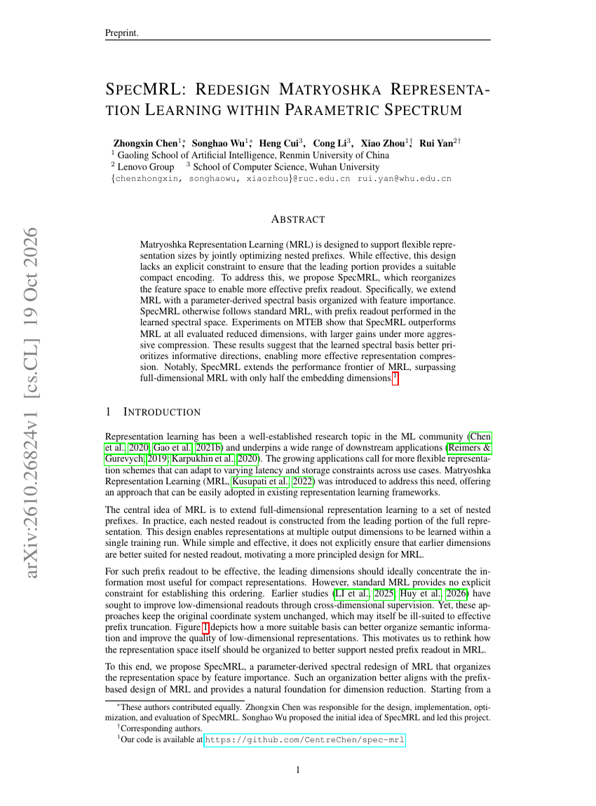 SpecMRL: Redesign Matryoshka Representation Learning within Parametric Spectrum