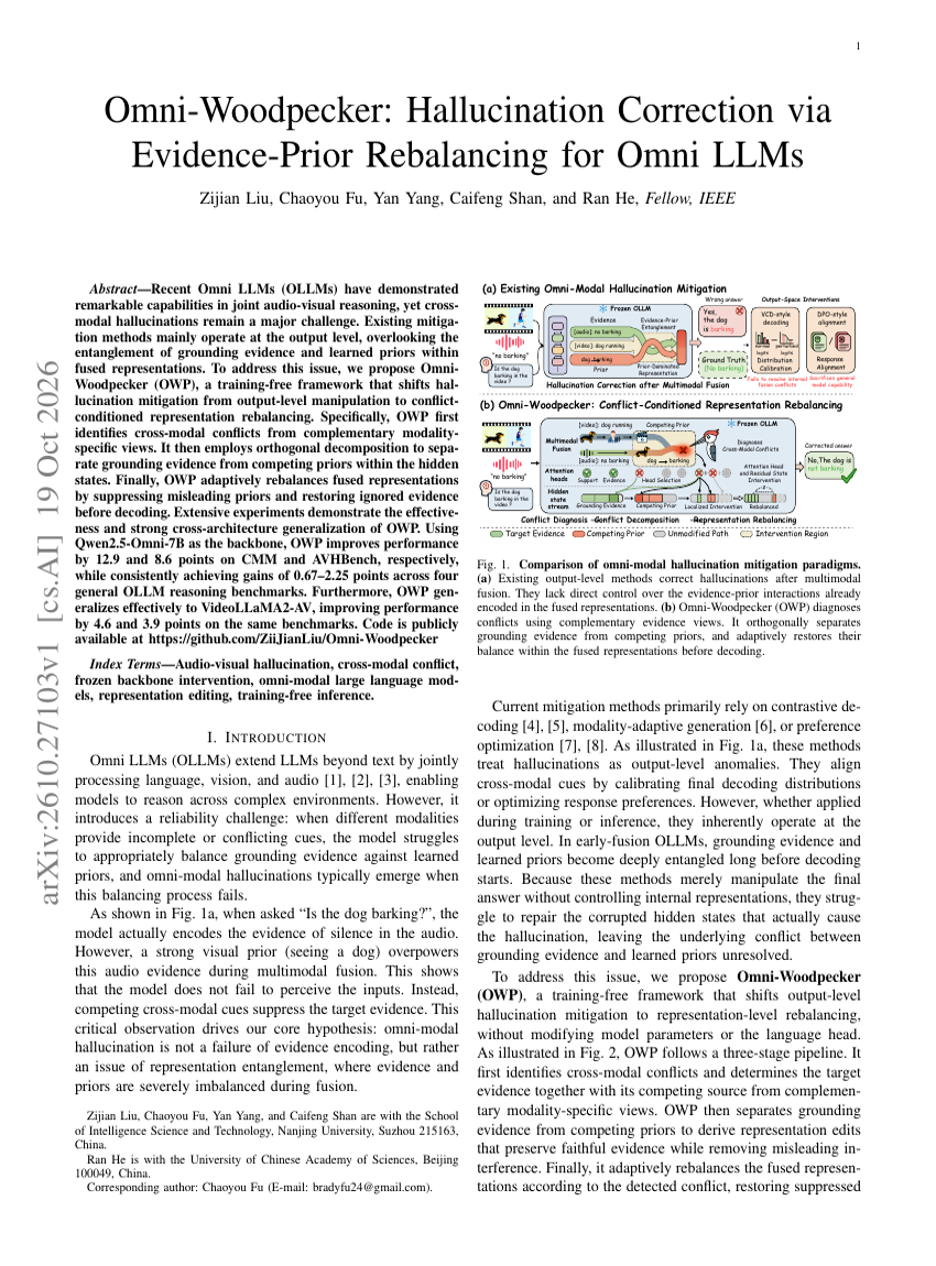 Omni-Woodpecker: Hallucination Correction via Evidence-Prior Rebalancing for Omni LLMs