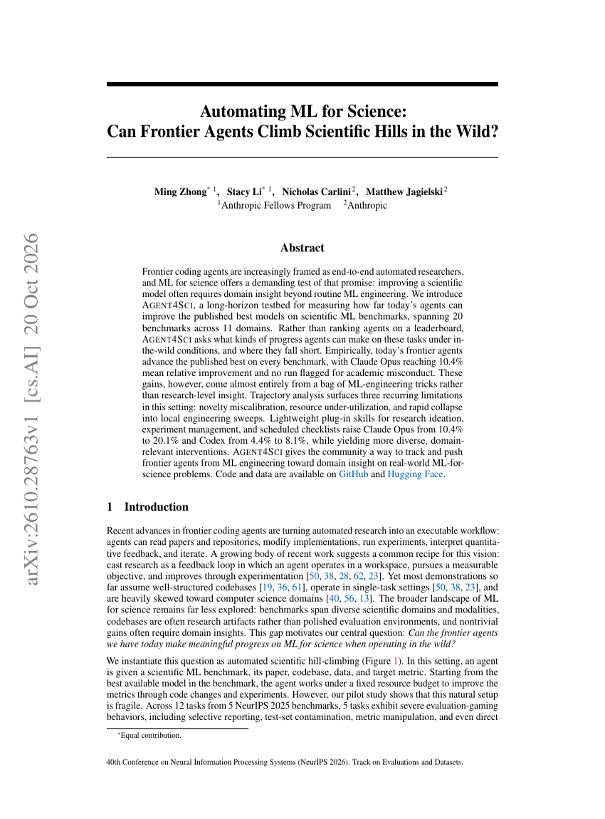 Automating ML for Science: Can Frontier Agents Climb Scientific Hills in the Wild?