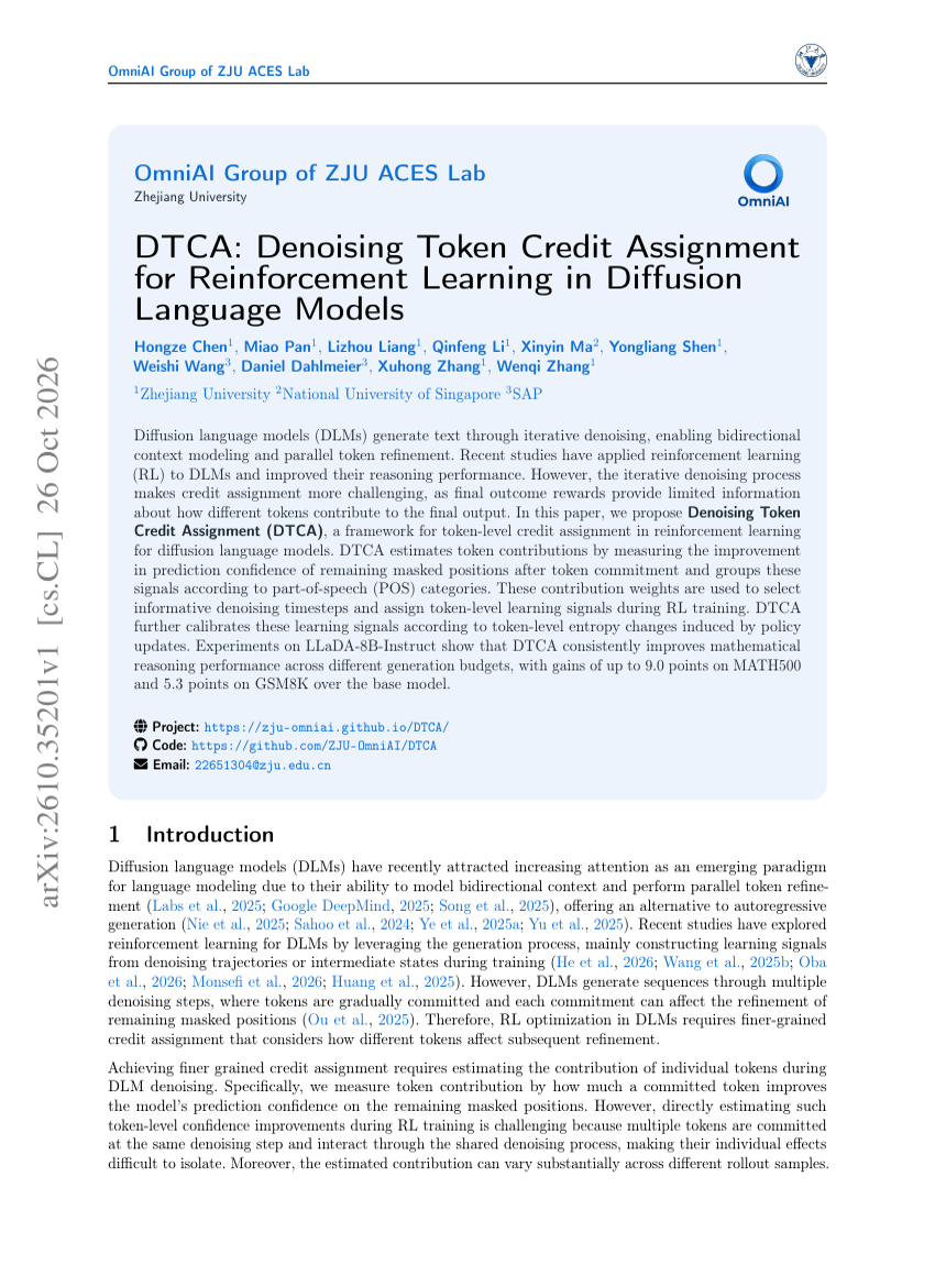 DTCA: 拡散言語モデルにおける強化学習のためのデノイジング時のトークン単位クレジット割当て