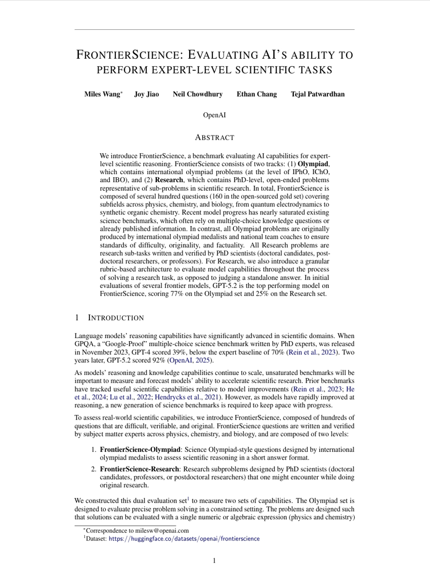 FrontierScience: Evaluating AI’s Ability To Perform Expert-Level Scientific Tasks
