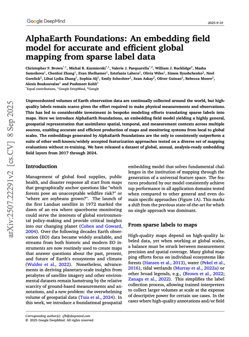 AlphaEarth Foundations : un modèle de champ d'embeddings pour une cartographie globale précise et efficace à partir de données étiquetées éparses
