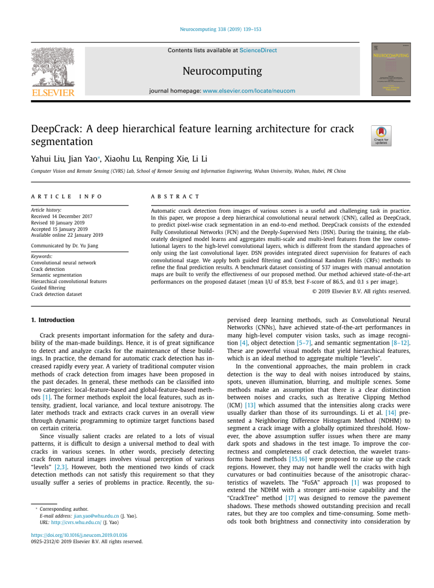 DeepCrack: A deep hierarchical feature learning architecture for crack segmentation
