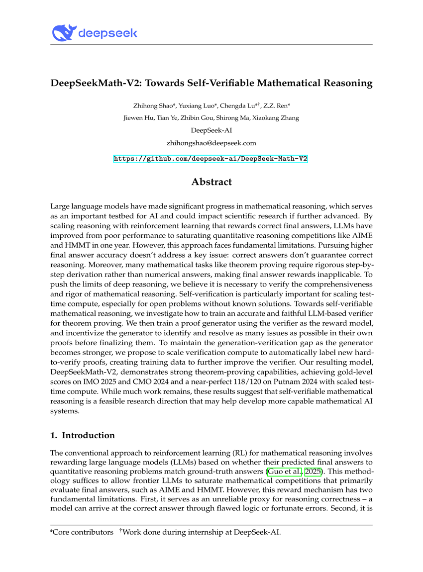 DeepSeekMath-V2：迈向自验证的数学推理