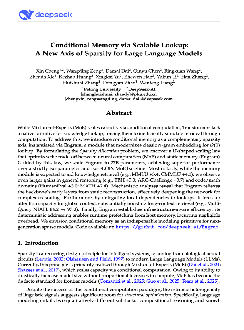 通过可扩展查找实现的条件记忆：大型语言模型稀疏性的一个新维度