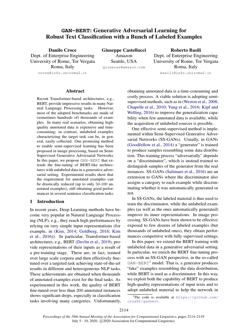 GAN-BERT: Generative Adversarial Learning for Robust Text Classification with a Bunch of Labeled Examples