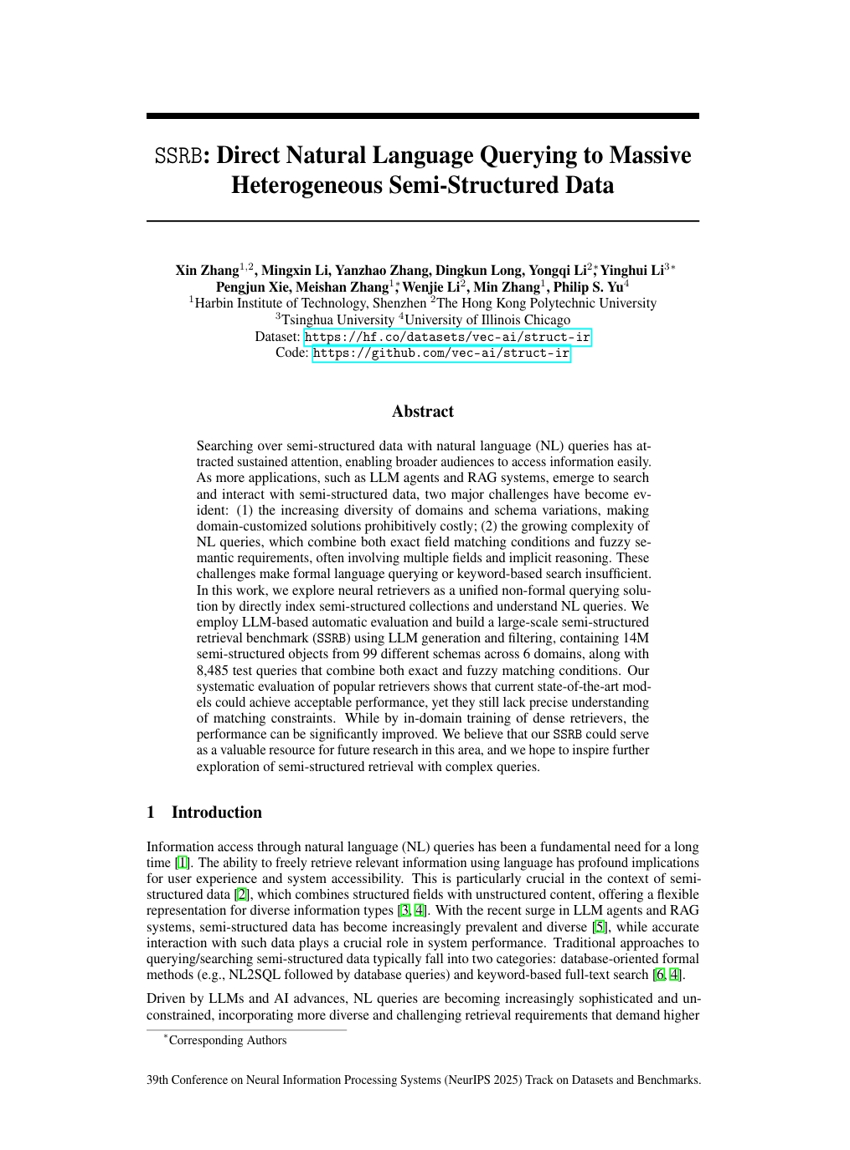 SSRB：大規模な異種の準構造化データに対する直接的な自然言語クエリ