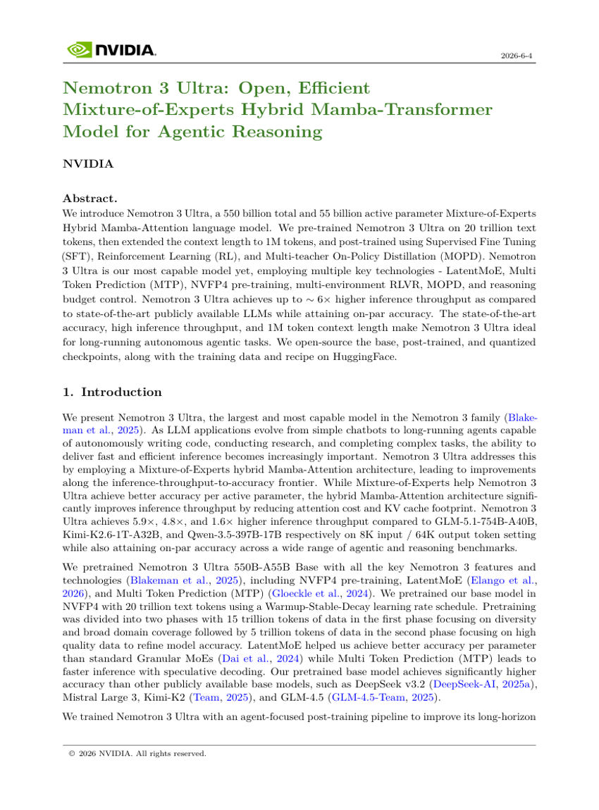 Nemotron 3 Ultra: Open, Efficient Mixture-of-Experts Hybrid Mamba-Transformer Model for Agentic Reasoning