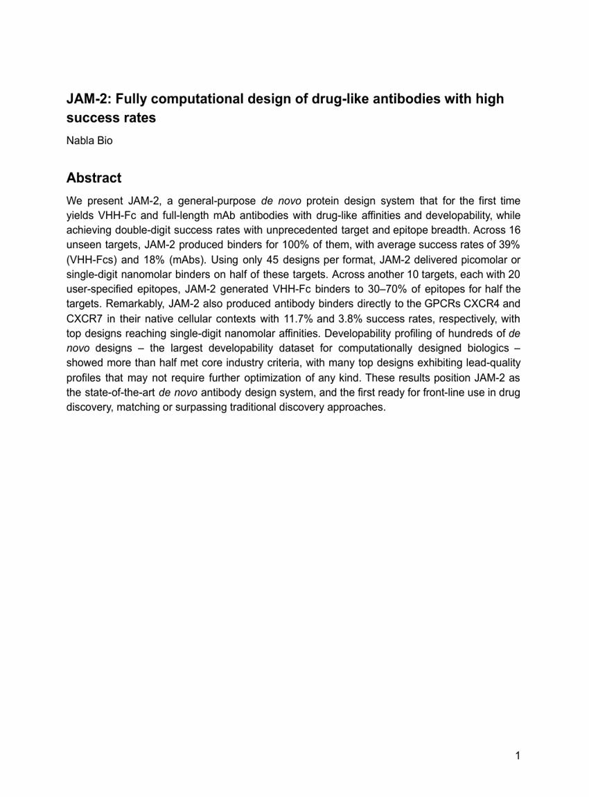 JAM-2：具有高成功率的类药物抗体的全计算设计