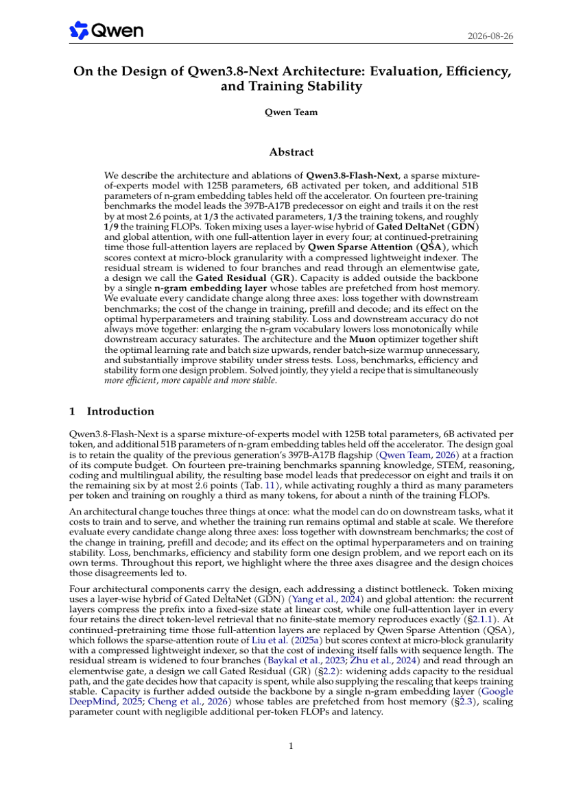 On the Design of Qwen3.8-Next Architecture: Evaluation, Eficiency, and Training Stability