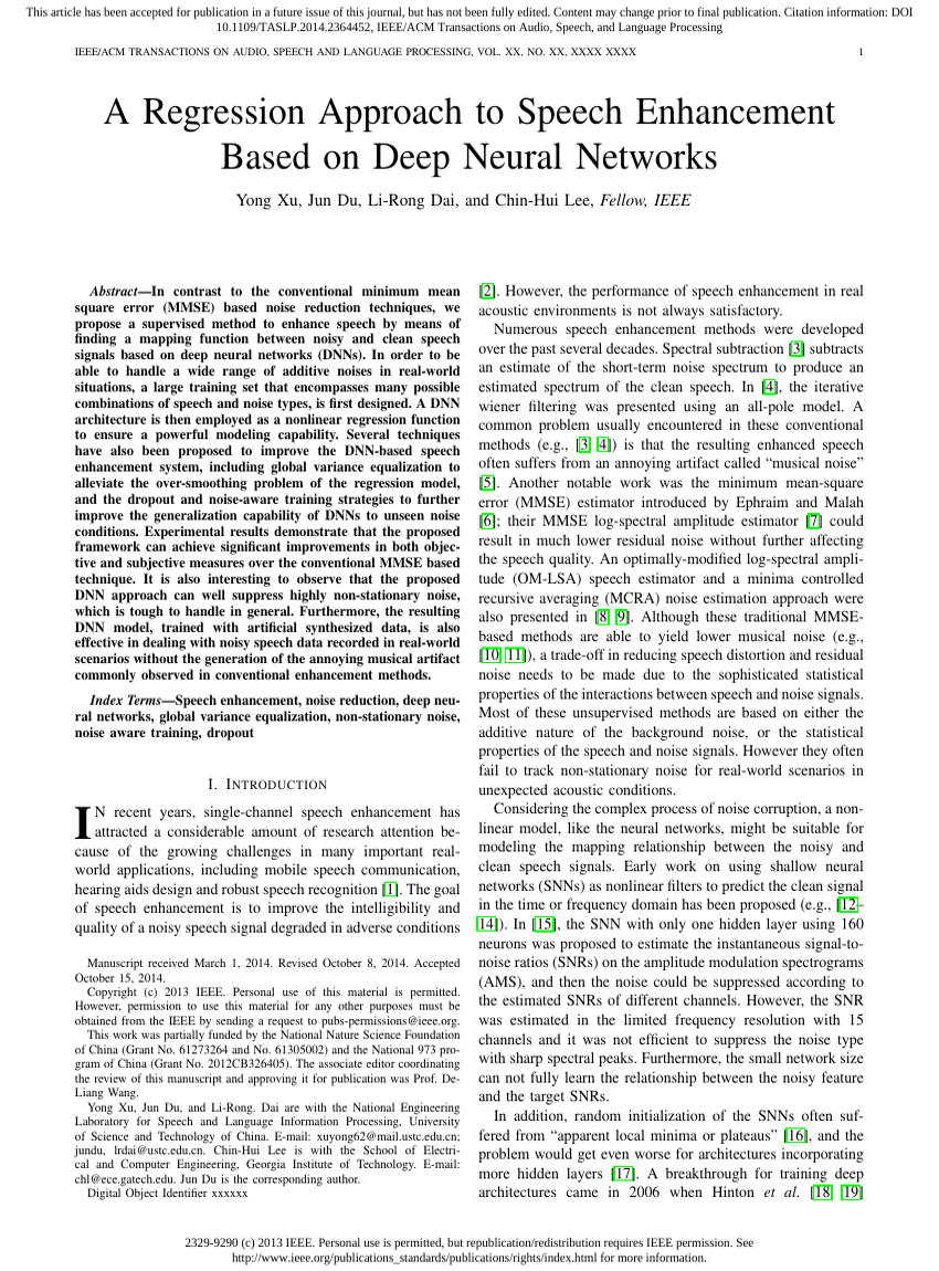 A Regression Approach to Speech Enhancement Based on Deep Neural Networks