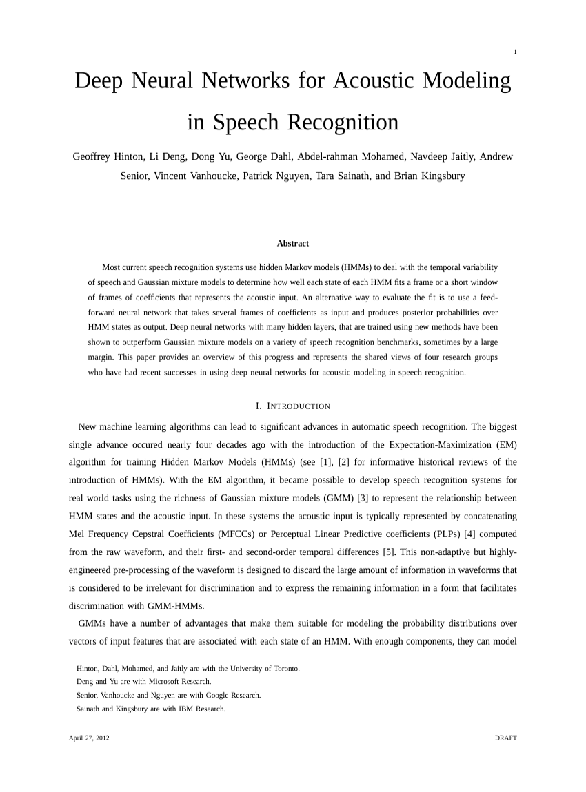 Deep Neural Networks for Acoustic Modeling in Speech Recognition