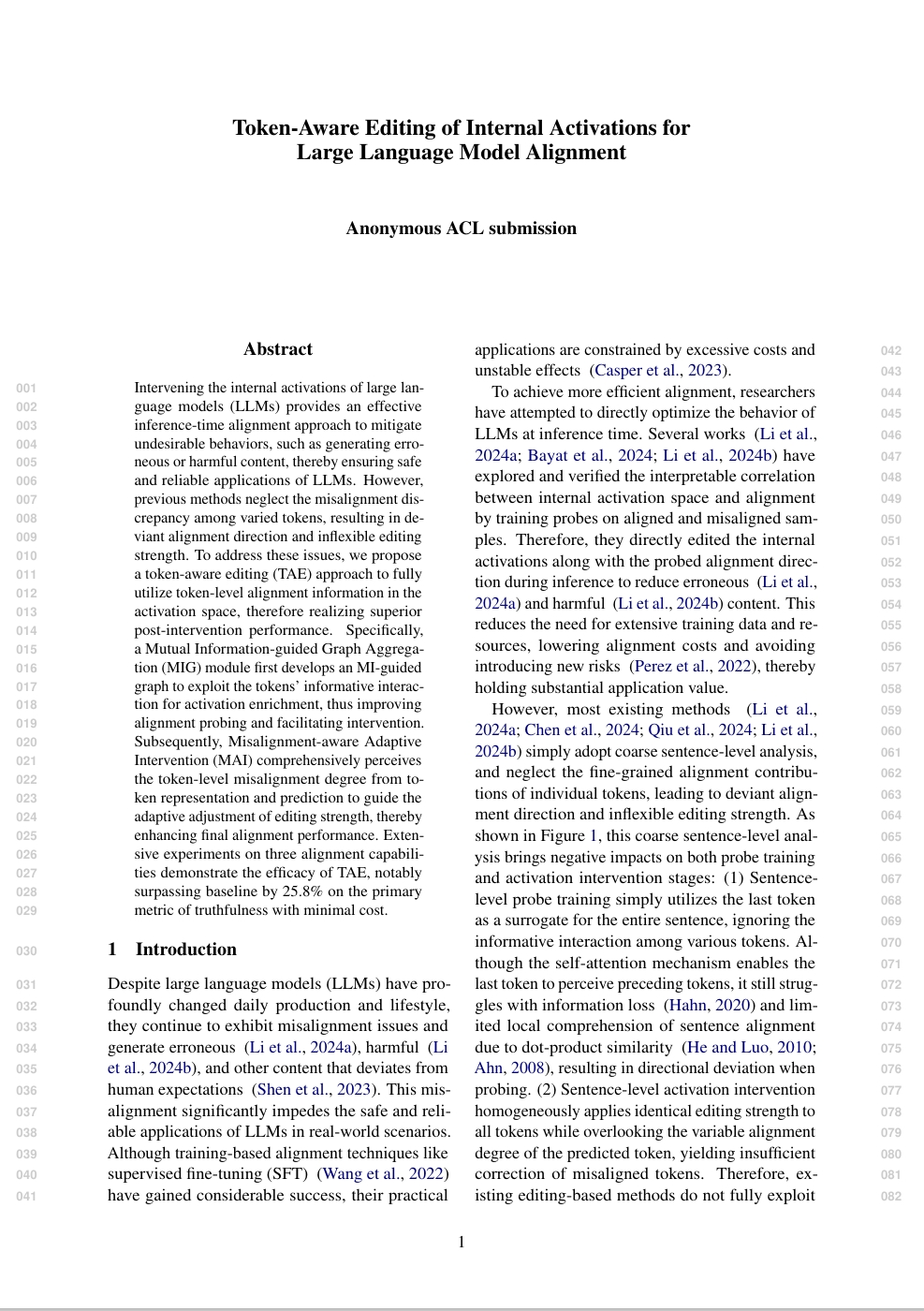 Token-Aware Editing of Internal Activations for Large Language Model Alignment