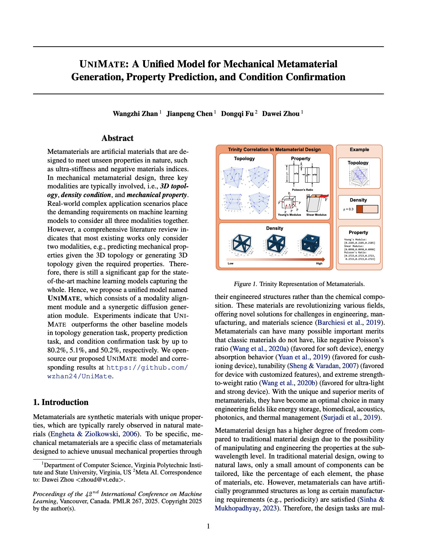 UniMate: A Unified Model for Mechanical Metamaterial Generation, Property Prediction, and Condition Confirmation