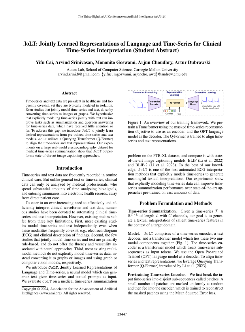 JoLT: Jointly Learned Representations of Language and Time-Series for Clinical Time-Series Interpretation (Student Abstract)