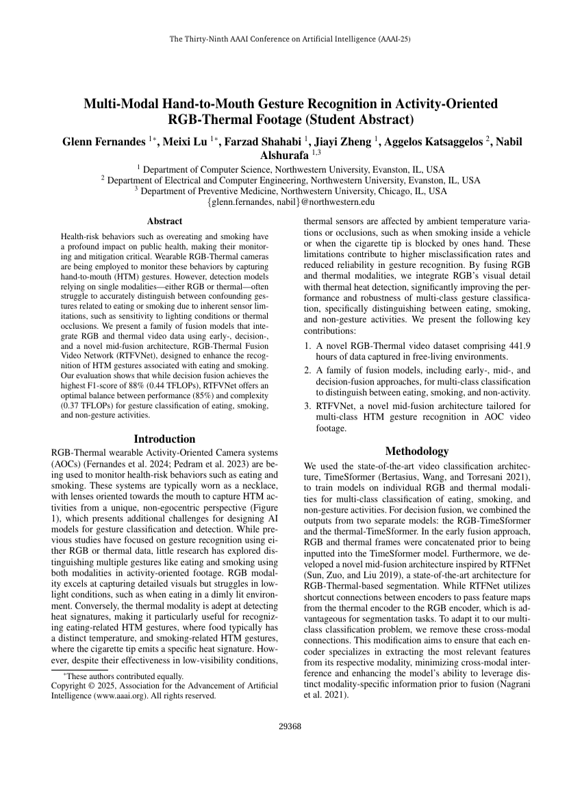 Multi-Modal Hand-to-Mouth Gesture Recognition in Activity-Oriented RGB-Thermal Footage (Student Abstract)