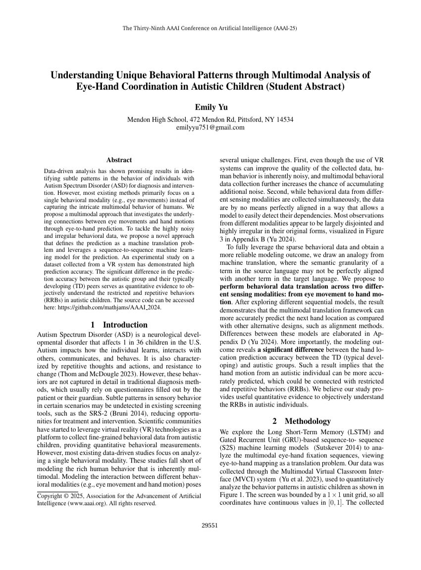 Understanding Unique Behavioral Patterns through Multimodal Analysis of Eye-Hand Coordination in Autistic Children (Student Abstract)