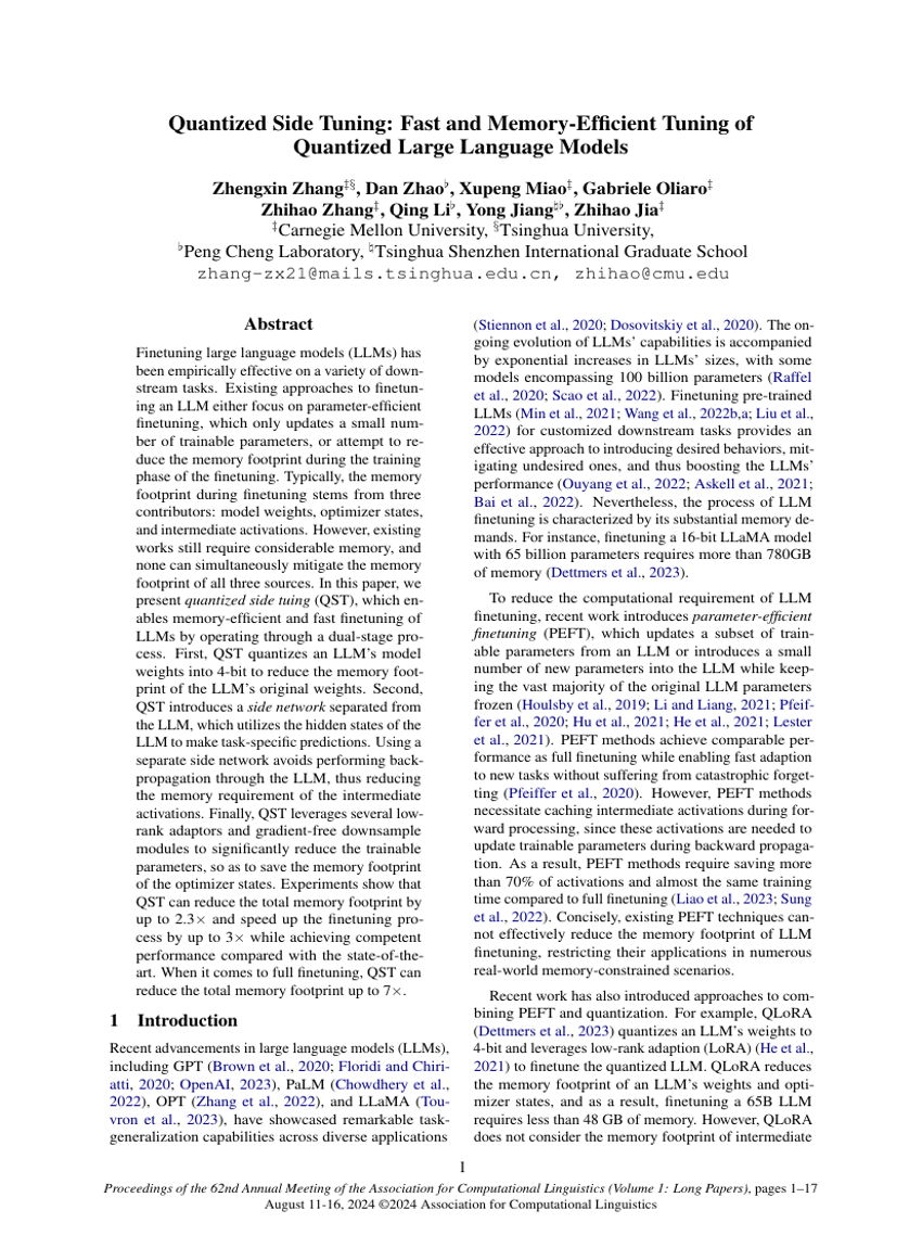 Quantized Side Tuning: Fast and Memory-Efficient Tuning of Quantized Large Language Models