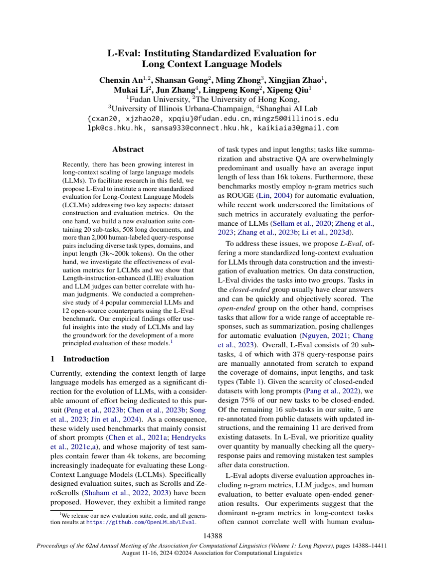 L-Eval: Instituting Standardized Evaluation for Long Context Language Models
