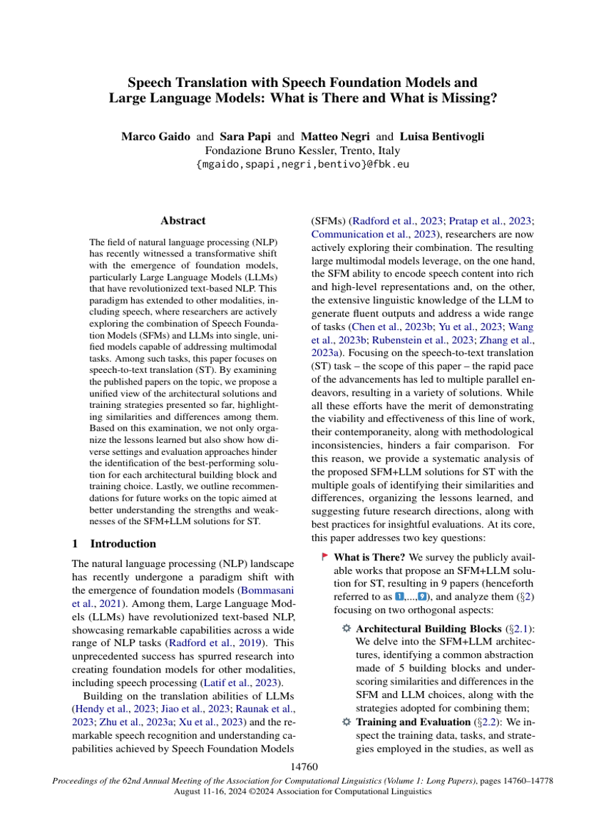 Speech Translation with Speech Foundation Models and Large Language Models: What is There and What is Missing?