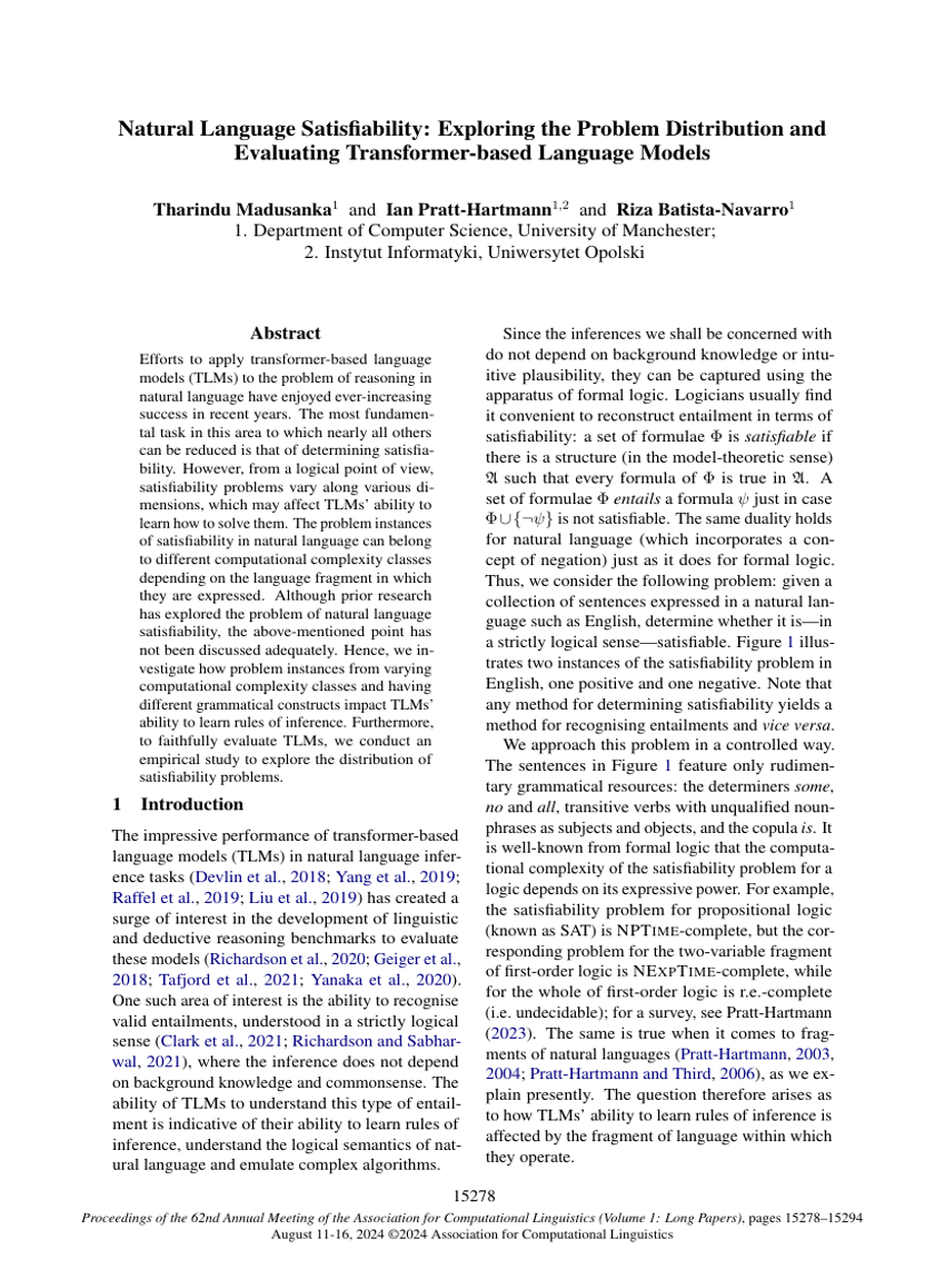 Natural Language Satisfiability: Exploring the Problem Distribution and Evaluating Transformer-based Language Models