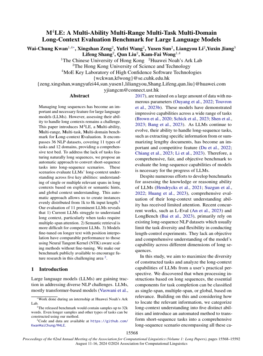 $\mathbf { M } ^ { \mathrm { 4 } } \mathbf { L E } \cdot$ : A Multi-Ability Multi-Range Multi-Task Multi-Domain Long-Context Evaluation Benchmark for Large Language Models