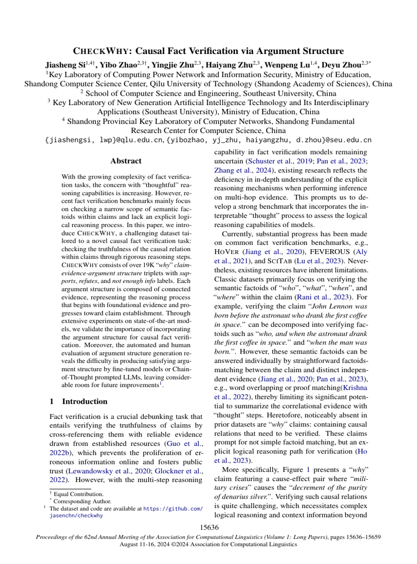 CHECKWHY: Causal Fact Verification via Argument Structure