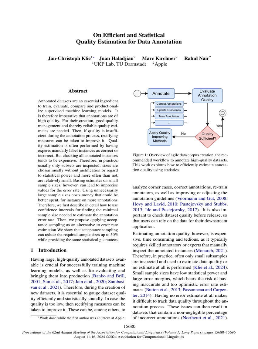 On Efficient and Statistical Quality Estimation for Data Annotation