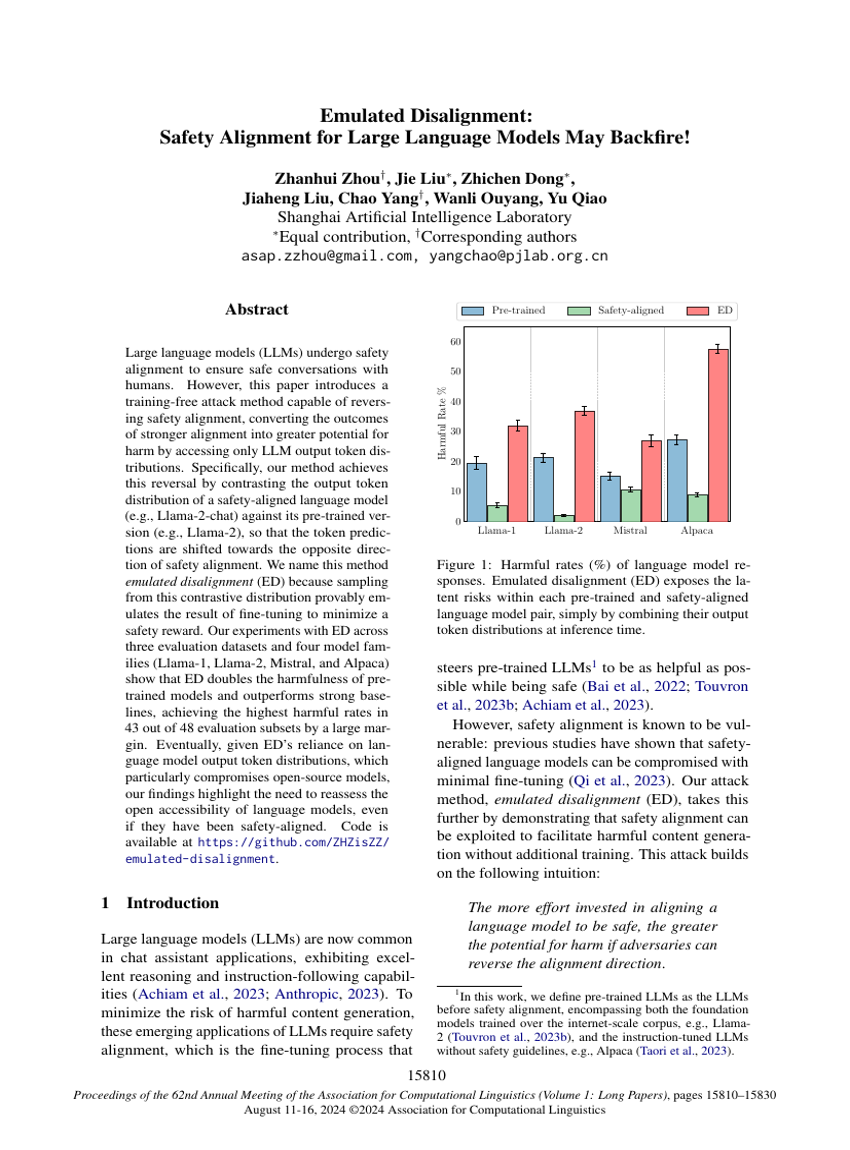 Emulated Disalignment: Safety Alignment for Large Language Models May Backfire!