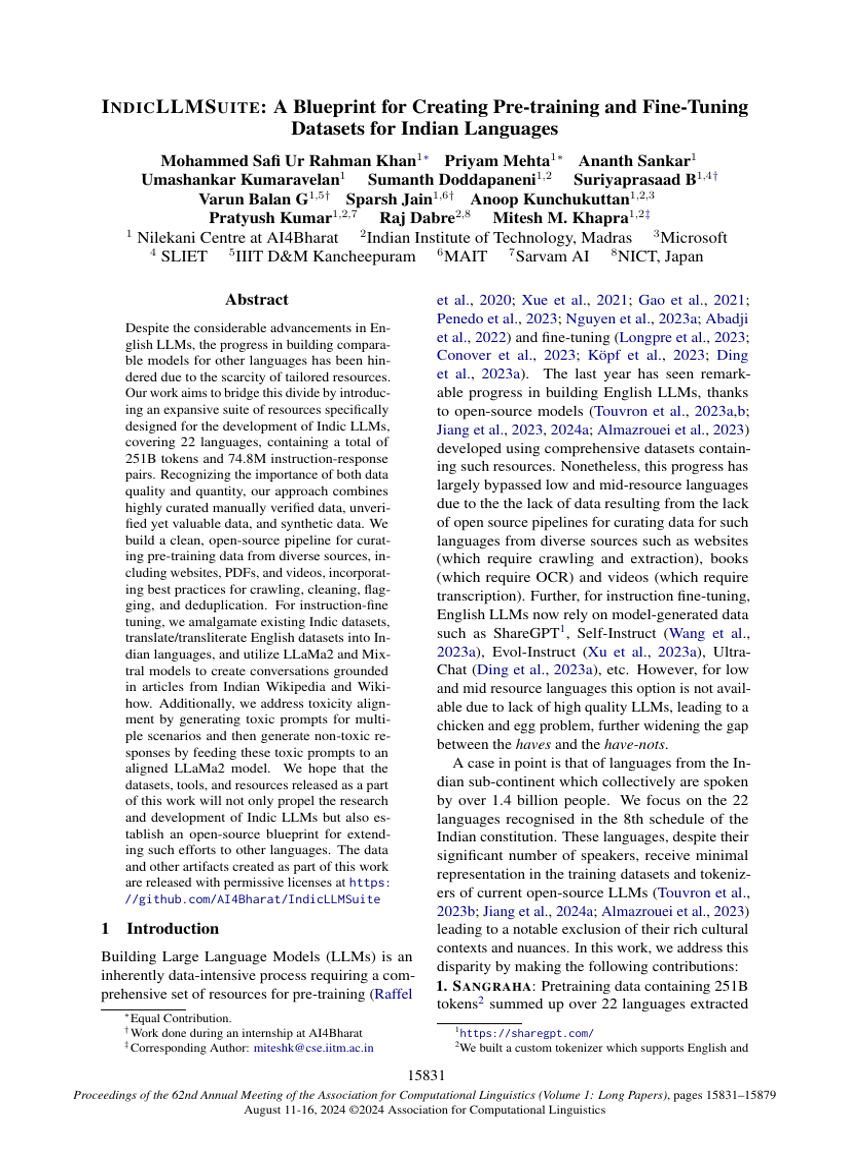 INDICLLMSUITE: A Blueprint for Creating Pre-training and Fine-Tuning Datasets for Indian Languages