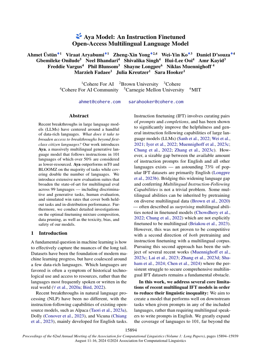 Aya Model: An Instruction Finetuned Open-Access Multilingual Language Model