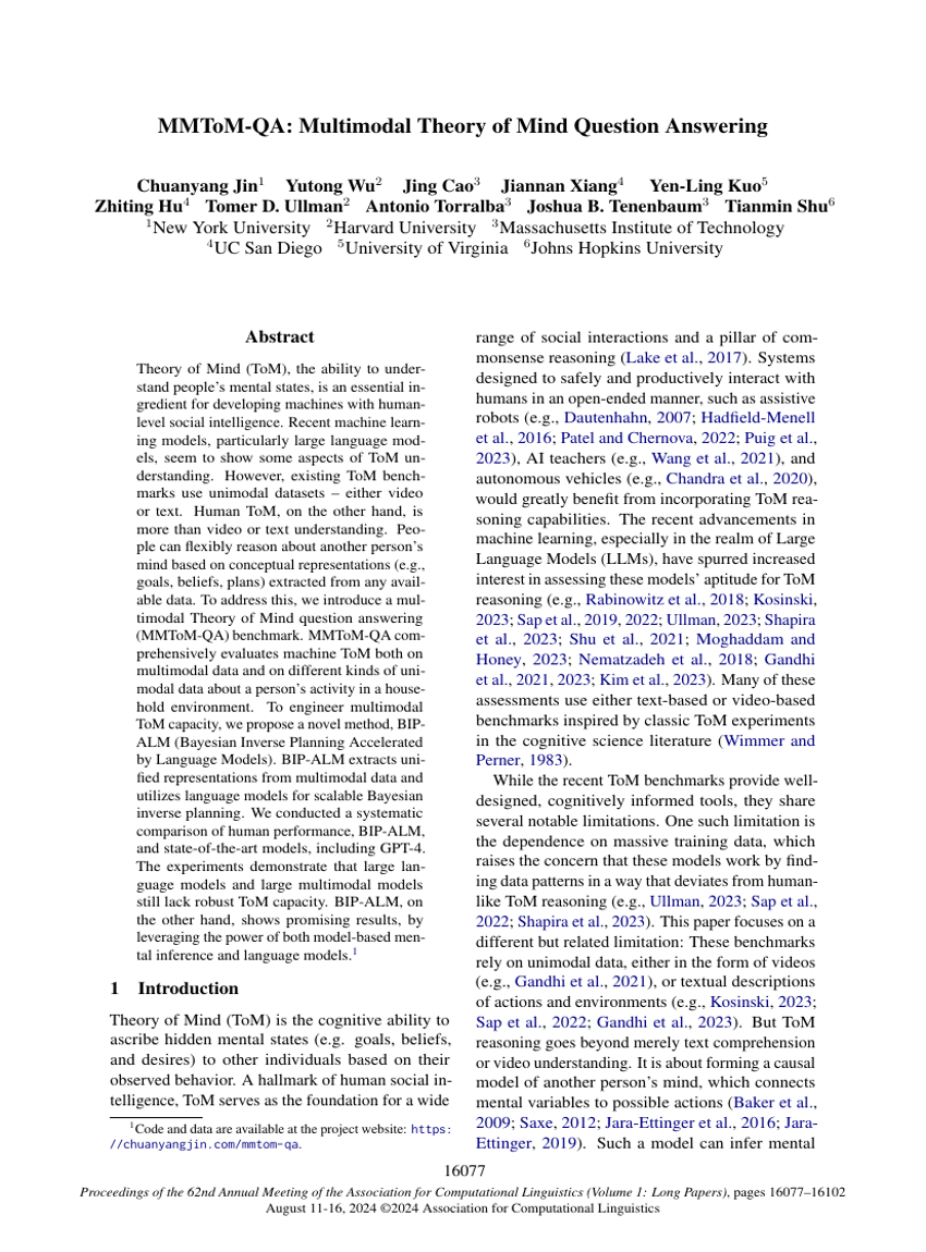 MMToM-QA: Multimodal Theory of Mind Question Answering