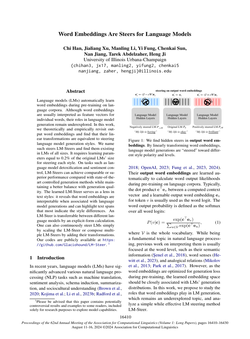 Word Embeddings Are Steers for Language Models