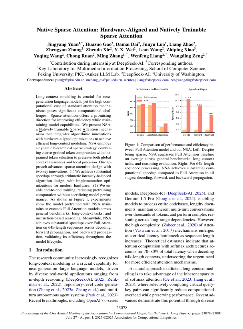 Native Sparse Attention: Hardware-Aligned and Natively Trainable Sparse Attention