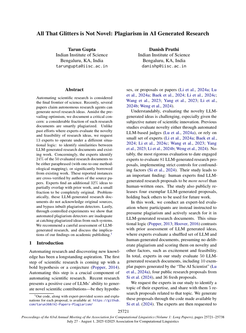 All That Glitters is Not Novel: Plagiarism in AI Generated Research
