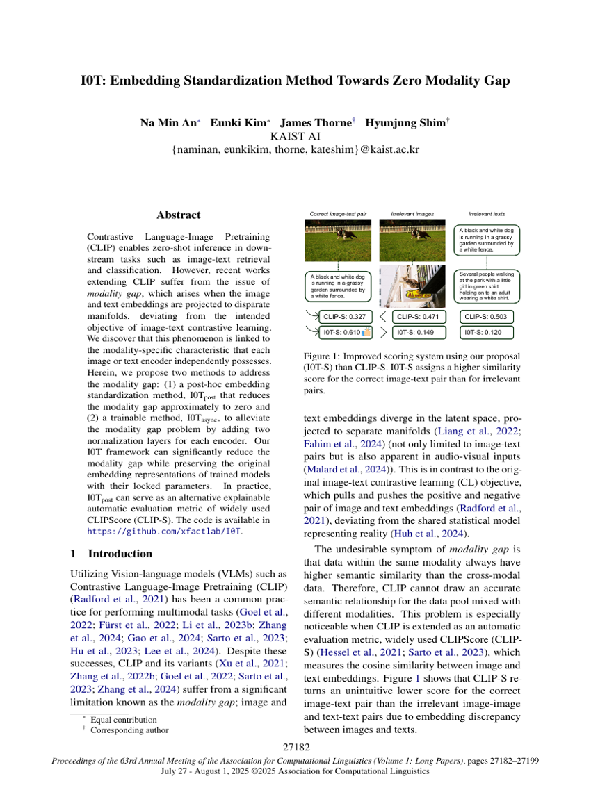 I0T: Embedding Standardization Method Towards Zero Modality Gap