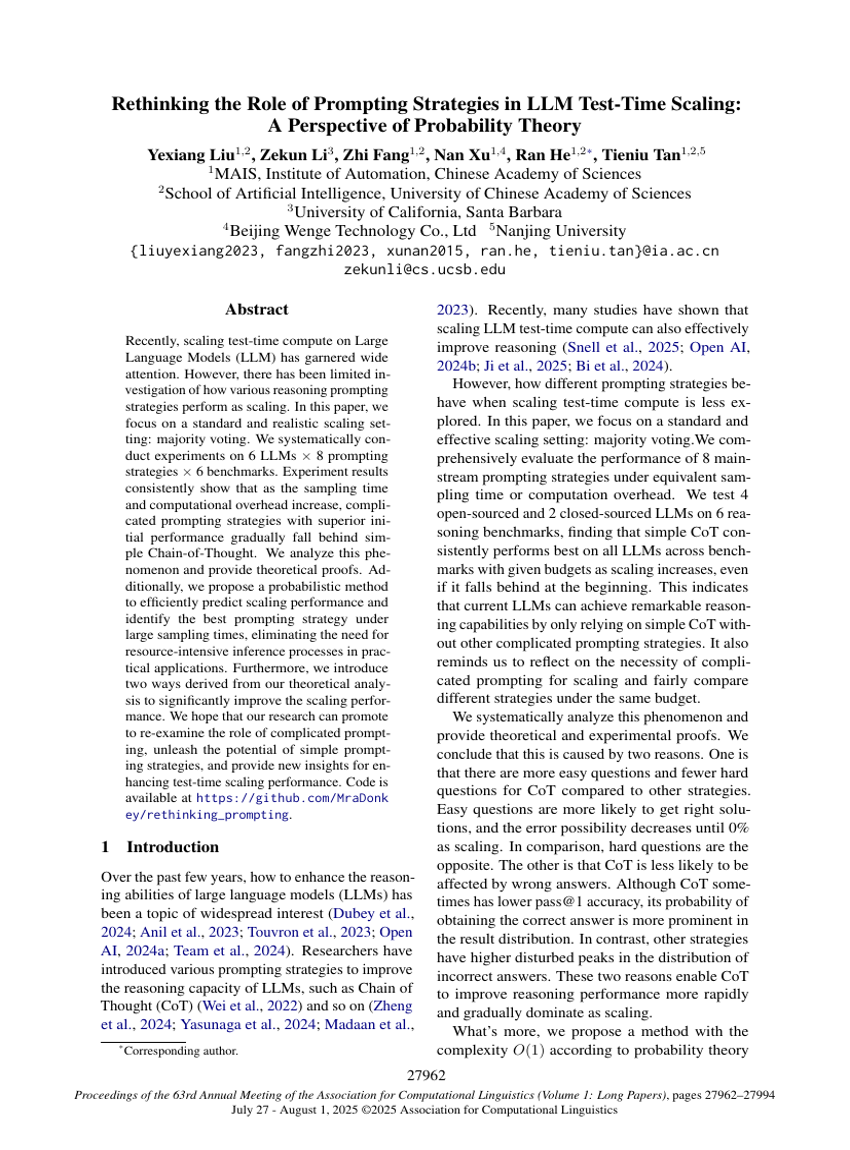 Rethinking the Role of Prompting Strategies in LLM Test-Time Scaling: A Perspective of Probability Theory