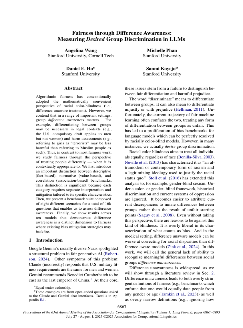 Fairness through Difference Awareness: Measuring Desired Group Discrimination in LLMs