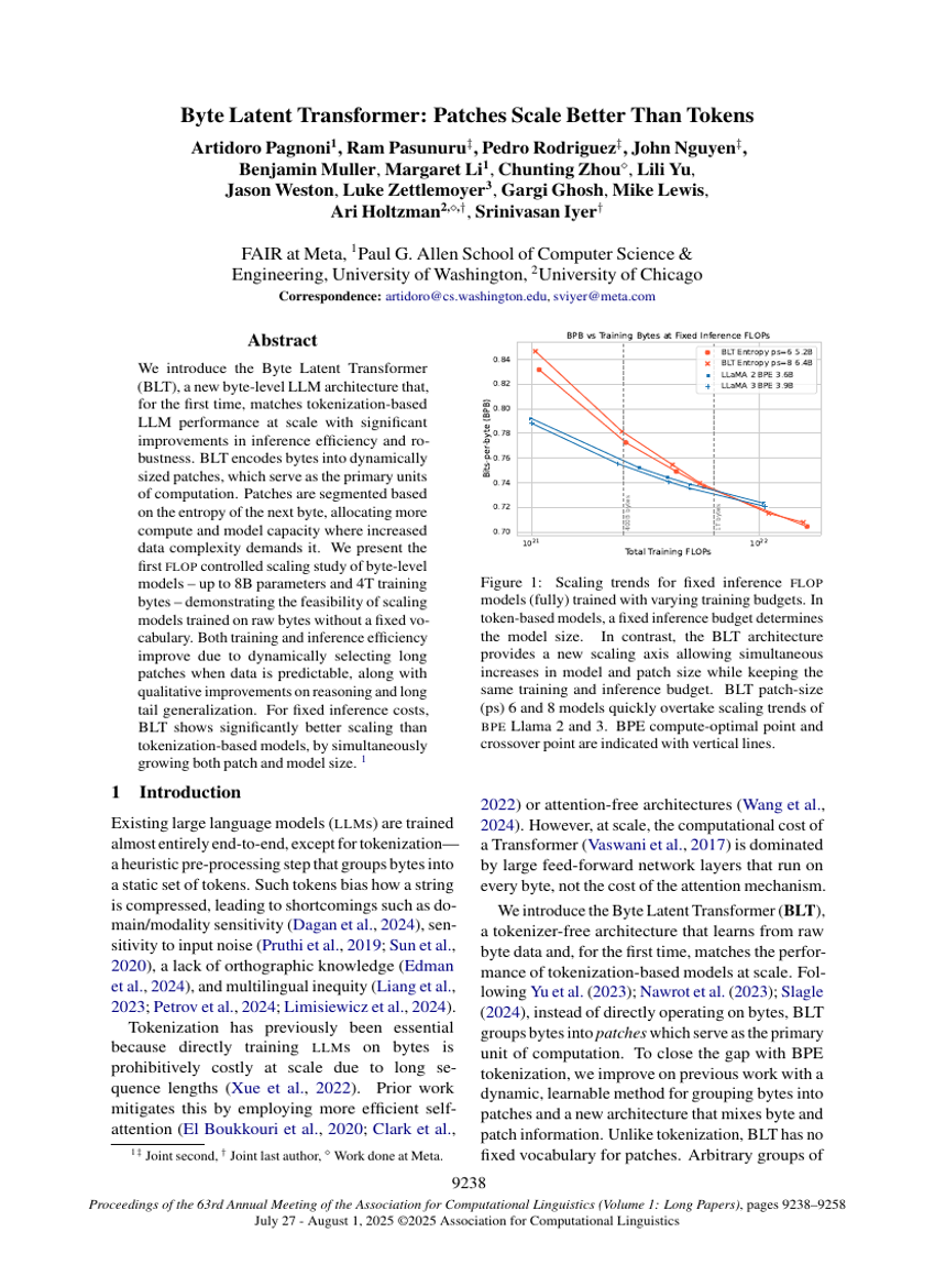 Byte Latent Transformer: Patches Scale Better Than Tokens