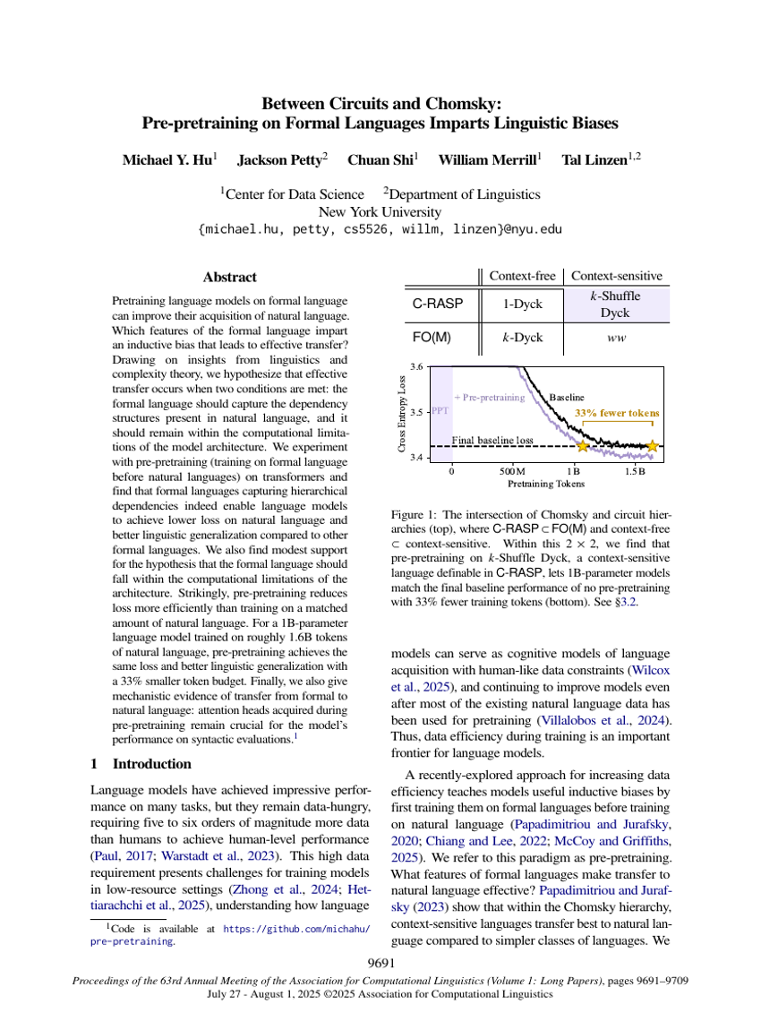 Between Circuits and Chomsky: Pre-pretraining on Formal Languages Imparts Linguistic Biases