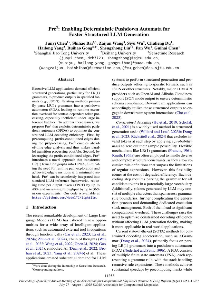 Pre³: Enabling Deterministic Pushdown Automata for Faster Structured LLM Generation