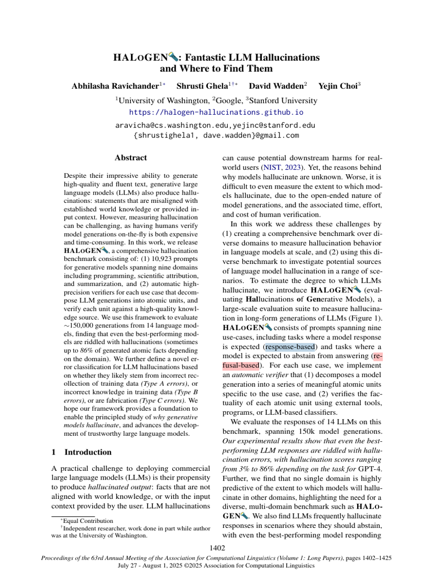 HALOGEN : Fantastic LLM Hallucinations and Where to Find Them