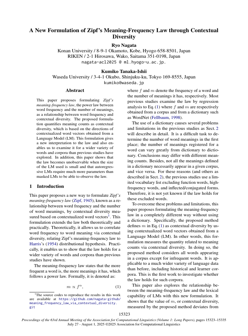 A New Formulation of Zipf's Meaning-Frequency Law through Contextual Diversity