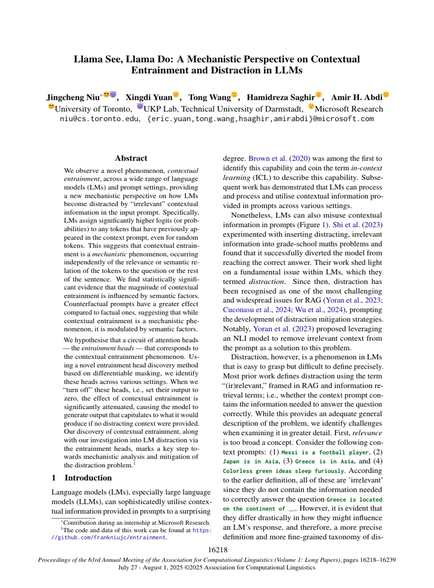 Llama See, Llama Do: A Mechanistic Perspective on Contextual Entrainment and Distraction in LLMs